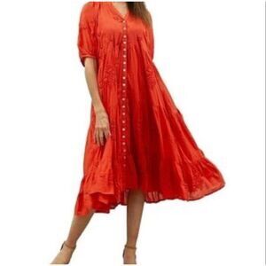 Karyn Seo Red Embroidered Cotton Dress XL Boho Tiered Button Front